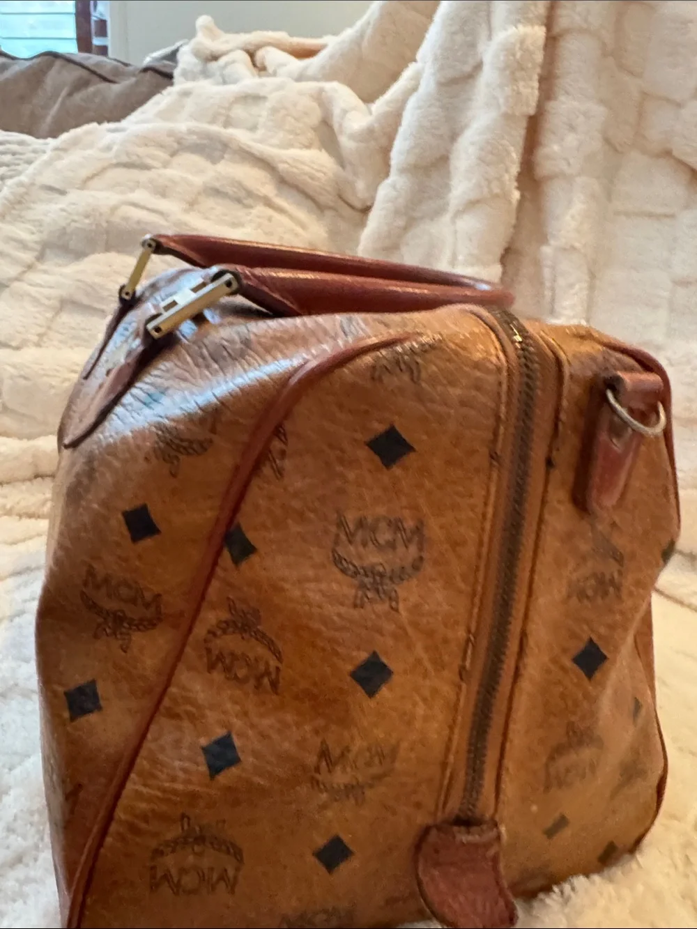 MCM Cognac Monogram Satchel with Dark Brown Handles and Gold Hardware